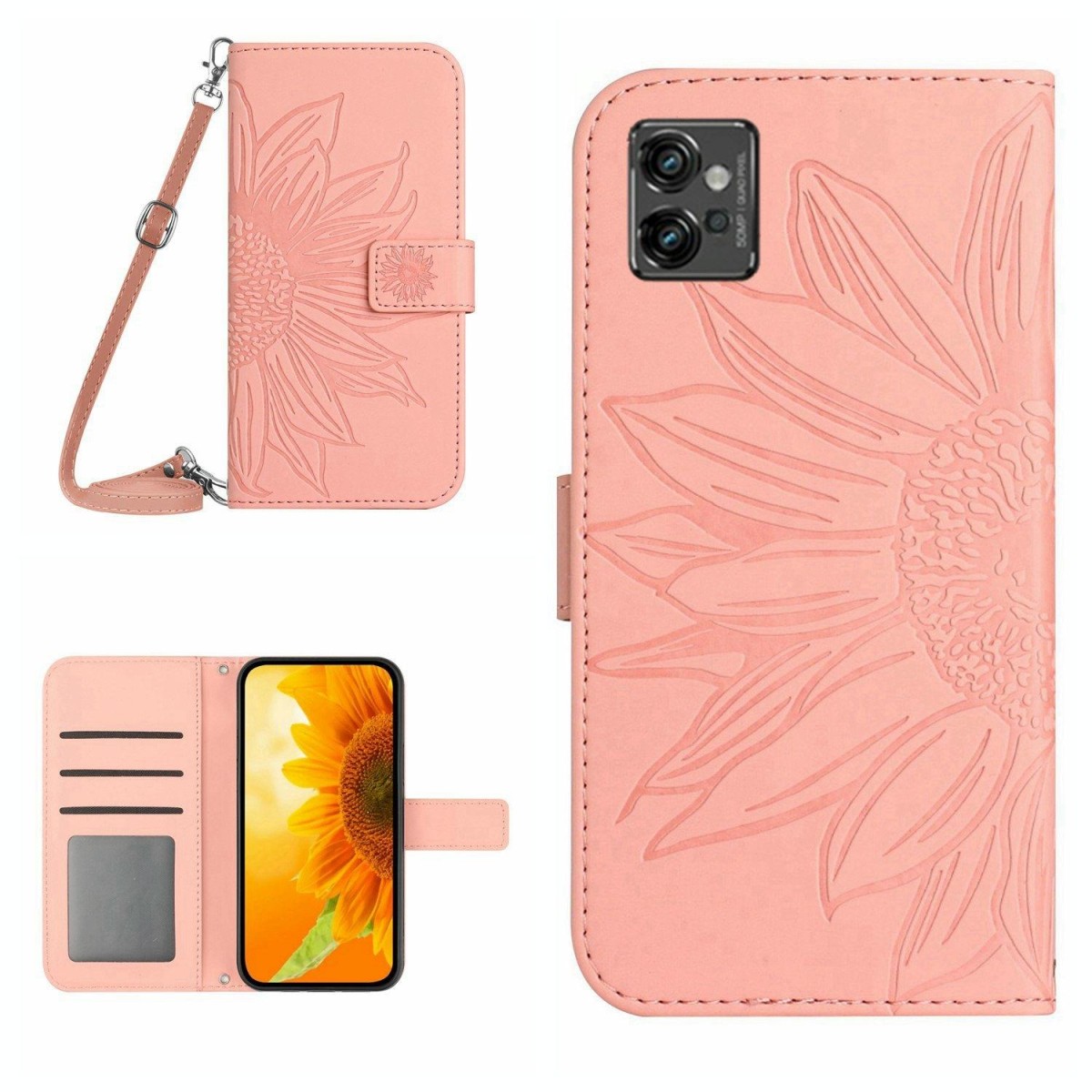 For Motorola Moto G32 Skin Feel Sun Flower Pattern Flip Leather Phone Case with Lanyard(Pink)