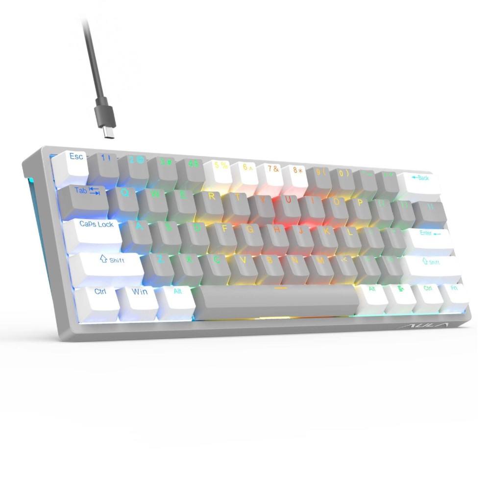 AULA F3261 Type-C Wired Hot Swappable 61 Keys RGB Mechanical Keyboard(White Grey Green Shaft)