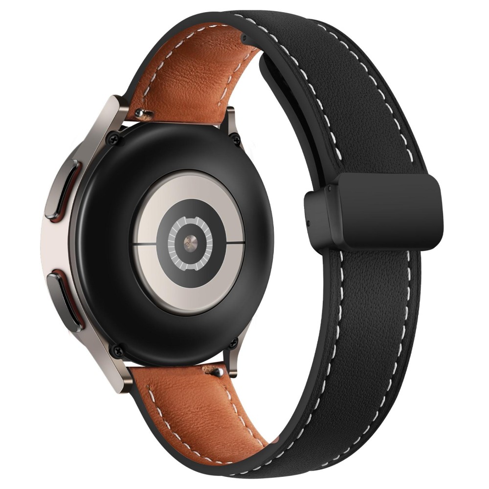 22mm Folding Buckle Plain Weave Genuine Leather Watch Band(Black+Black)