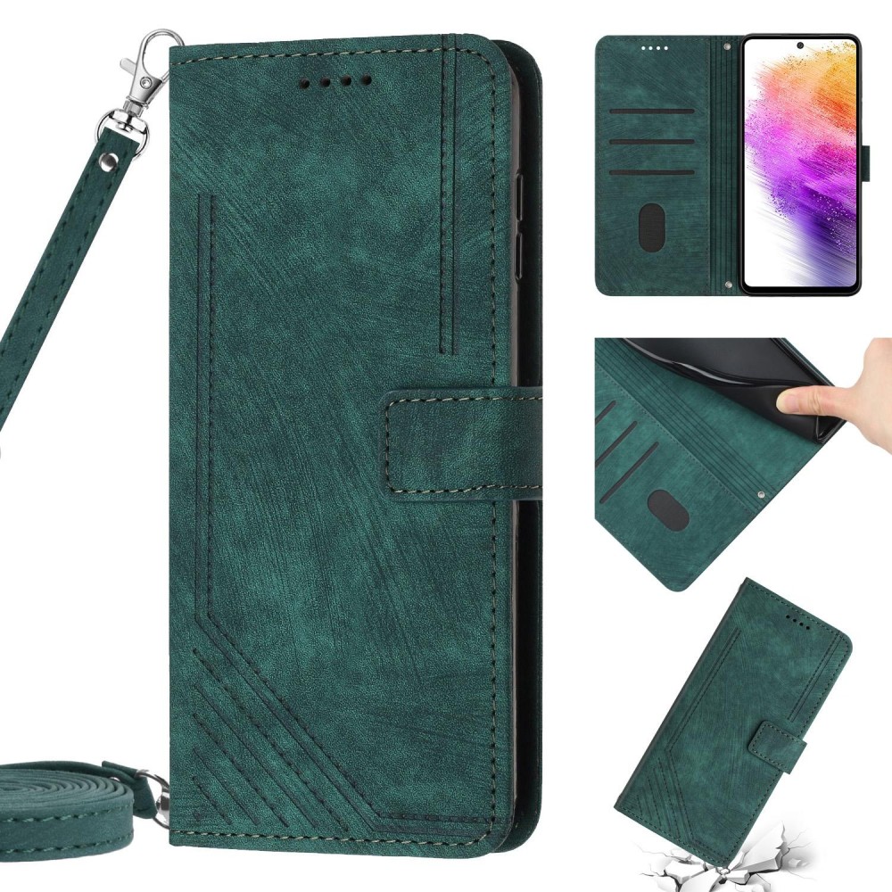 For Samsung Galaxy A14 5G Skin Feel Stripe Pattern Leather Phone Case with Lanyard(Green)