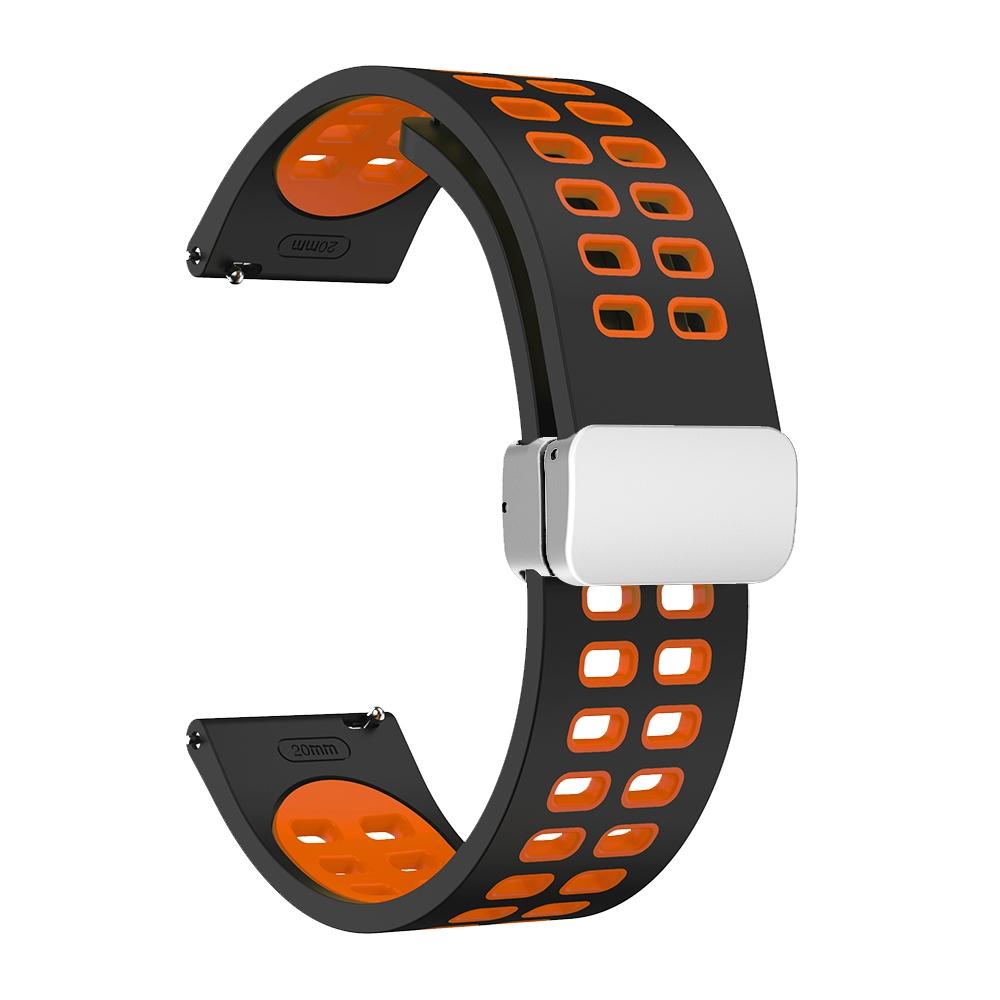 22mm Double-row Hole Folding Silver Buckle Two-color Silicone Watch Band(Black Orange)