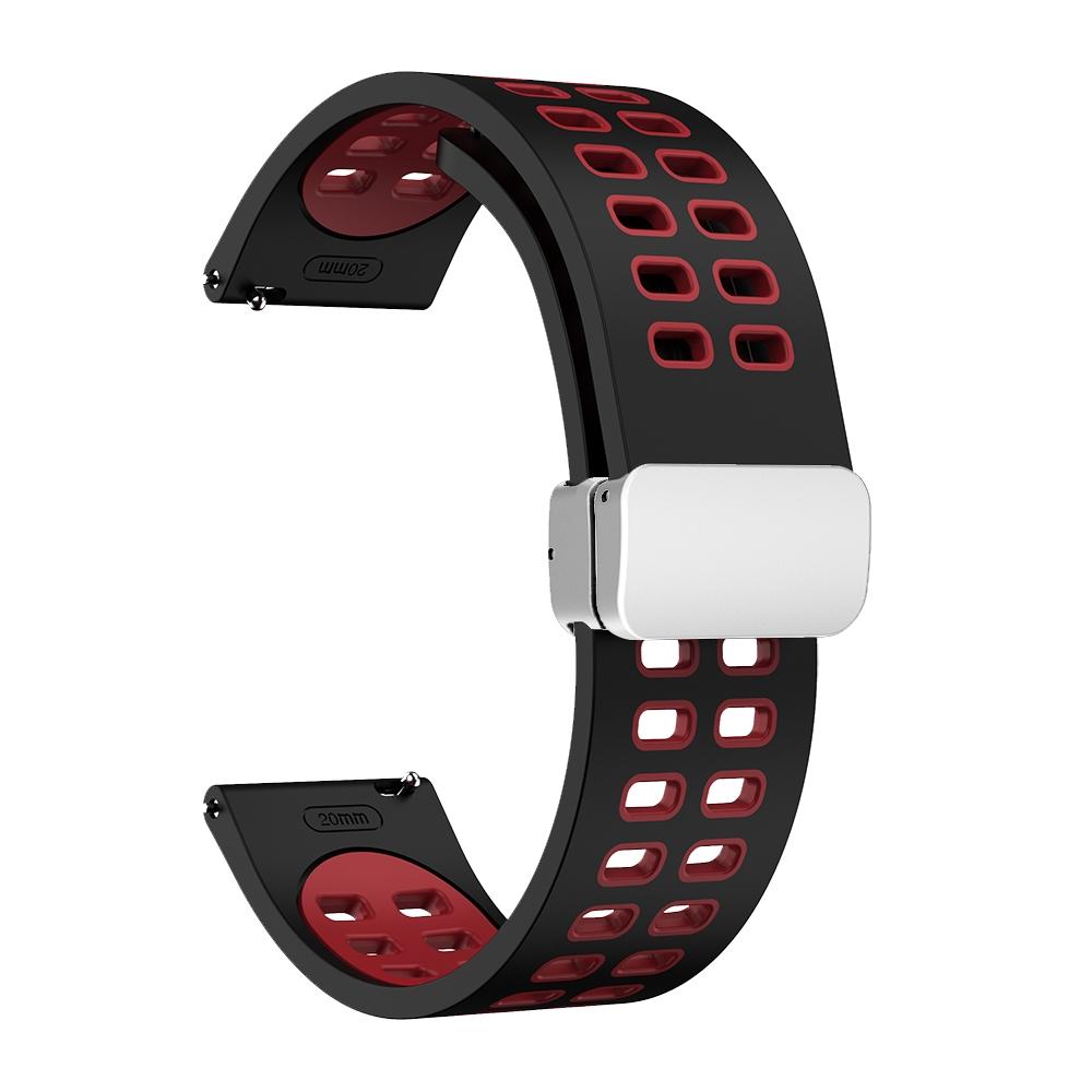 22mm Double-row Hole Folding Silver Buckle Two-color Silicone Watch Band(Black Red)
