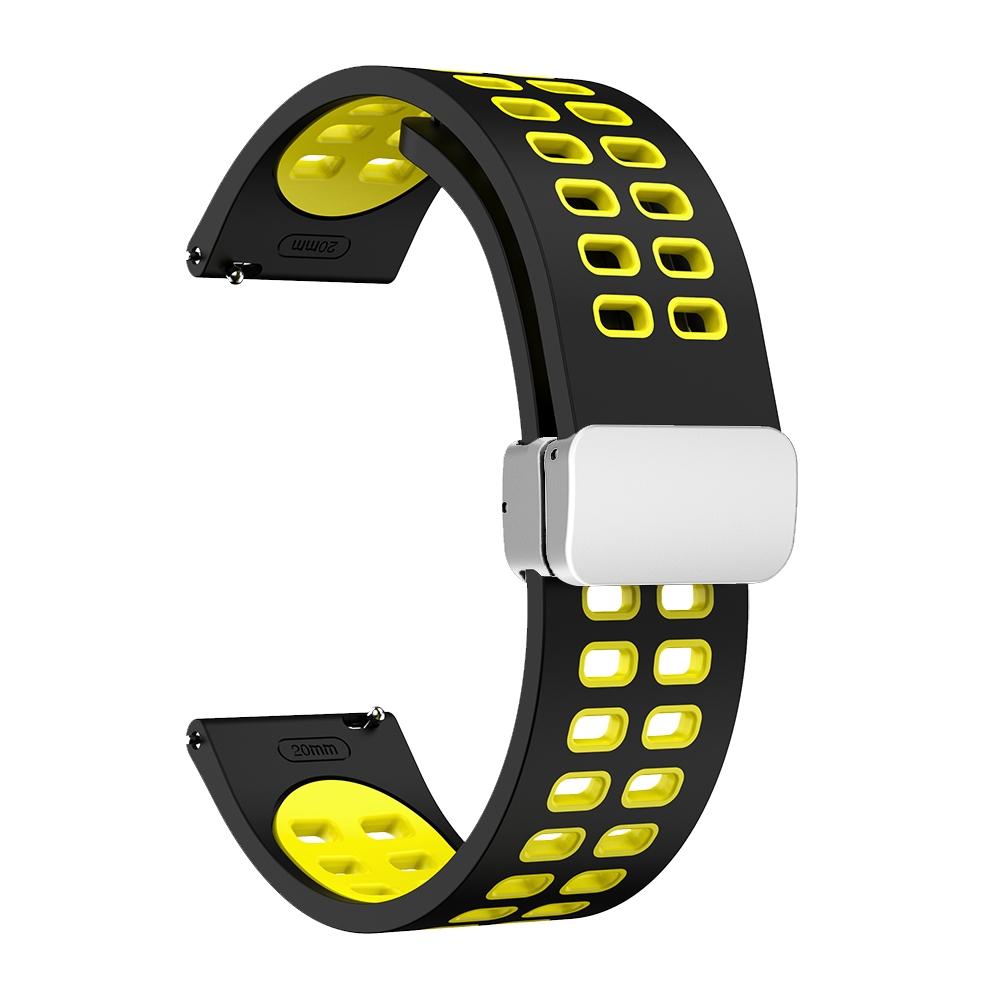 22mm Double-row Hole Folding Silver Buckle Two-color Silicone Watch Band(Black Yellow)