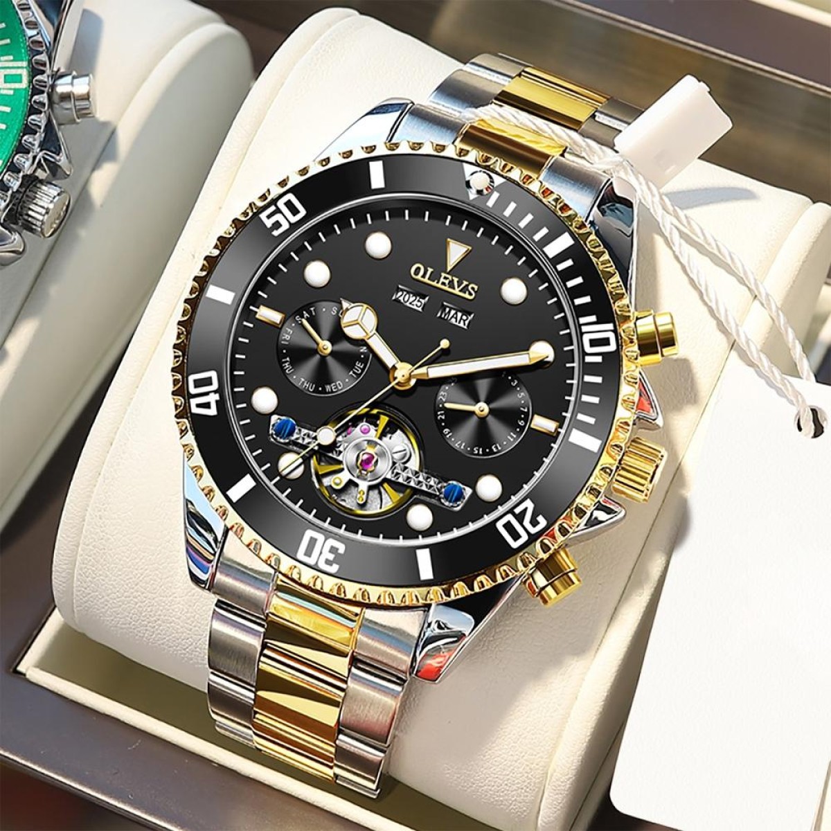 OLEVS 6605 Men Multifunctional Waterproof Mechanical Watch(Black + Gold)