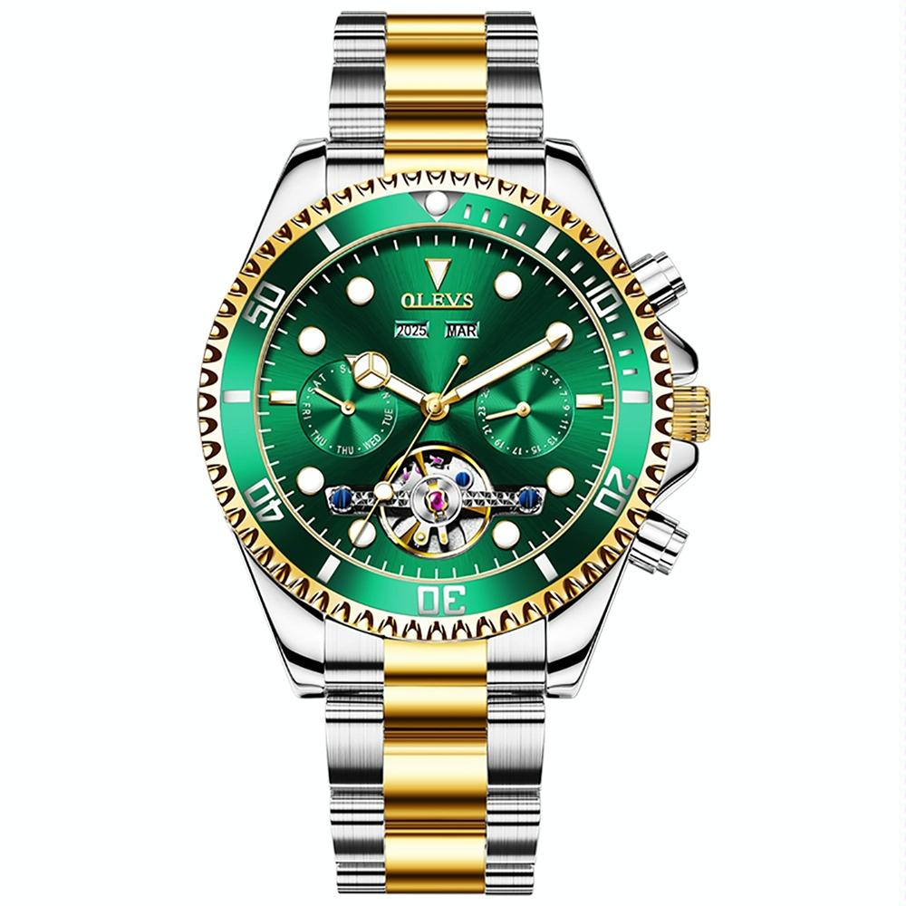 OLEVS 6605 Men Multifunctional Waterproof Mechanical Watch(Green + Gold)
