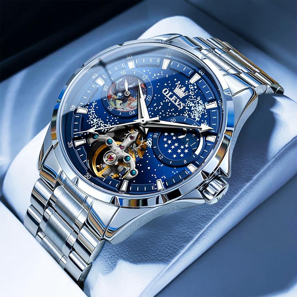 OLEVS 6671 Men Luminous Waterproof Hollow Steel Strap Mechanical Watch(Blue)