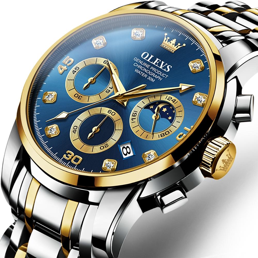 OLEVS 2889 Men Multifunctional Luminous Waterproof Quartz Watch(Blue + Gold)