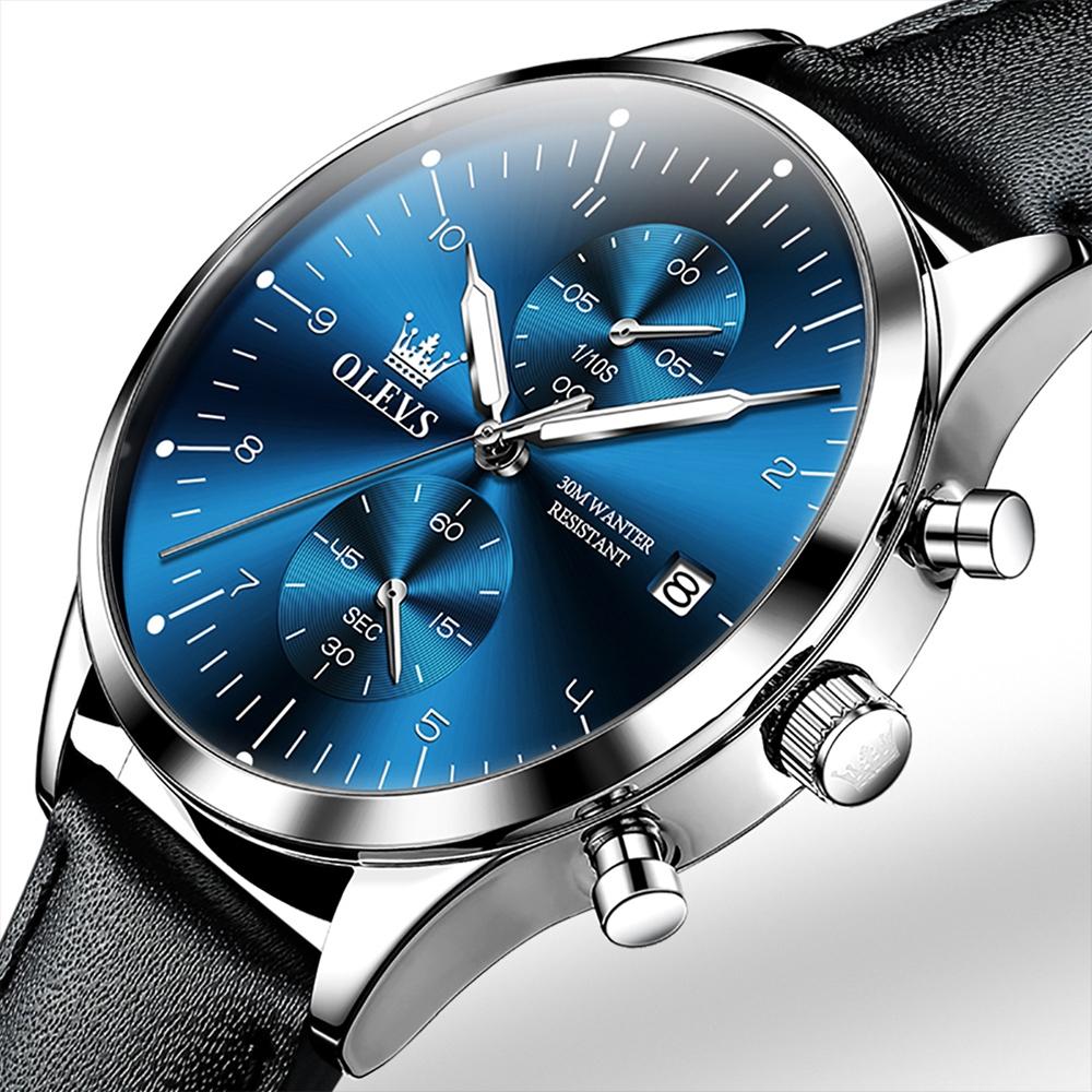 OLEVS 2880 Men Multifunctional Business Waterproof Leather Strap Quartz Watch(Blue)
