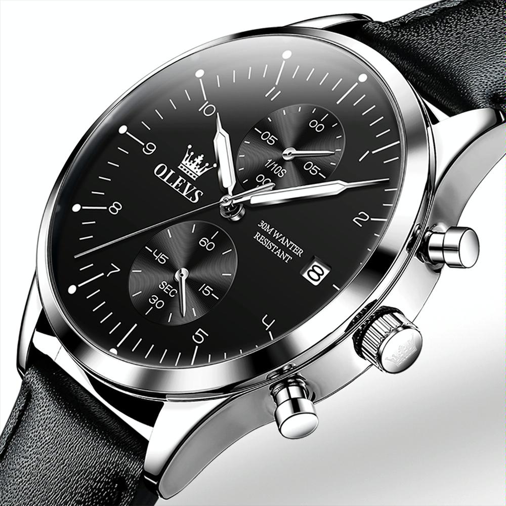 OLEVS 2880 Men Multifunctional Business Waterproof Leather Strap Quartz Watch(Black + Silver)