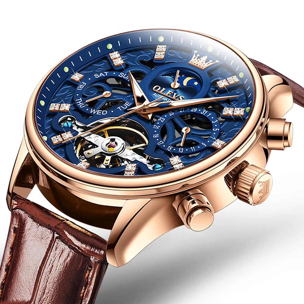 OLEVS 6658 Men Luminous Waterproof Leather Strap Mechanical Watch(Blue + Rose Gold)