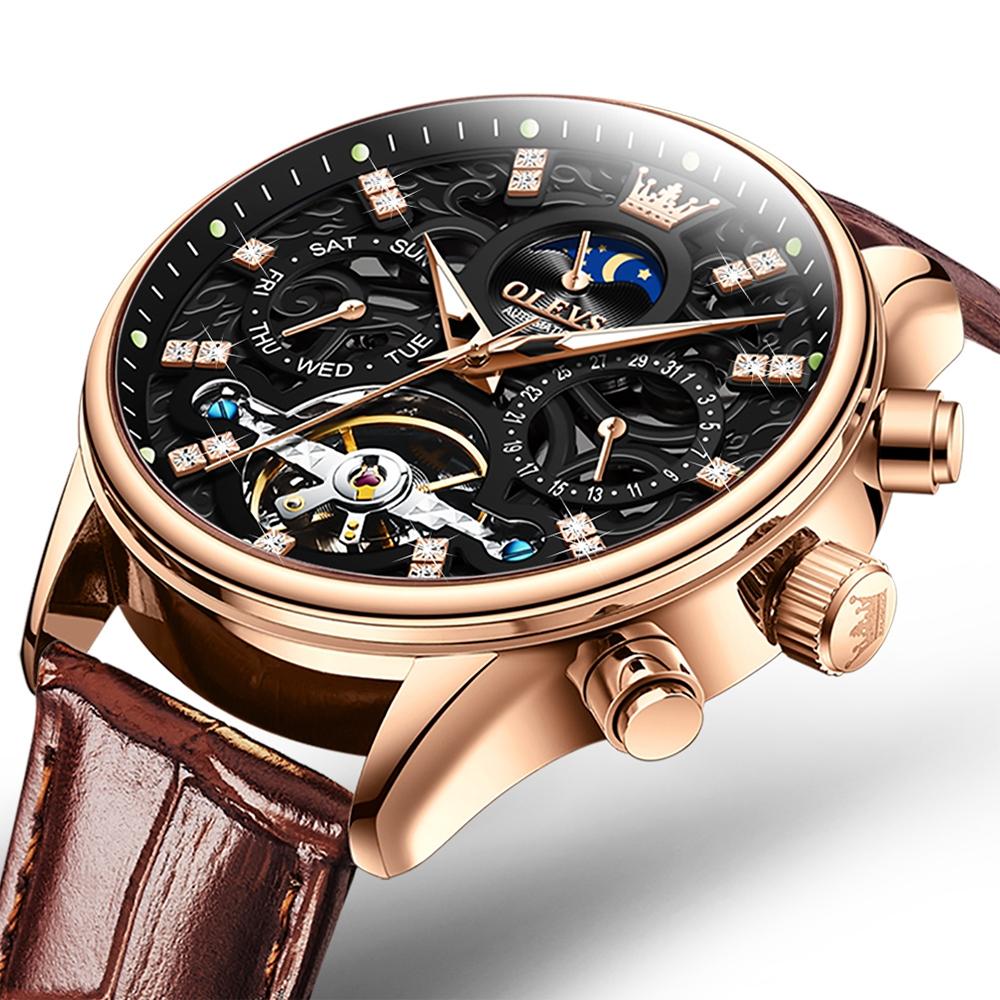 OLEVS 6658 Men Luminous Waterproof Leather Strap Mechanical Watch(Black + Rose Gold)