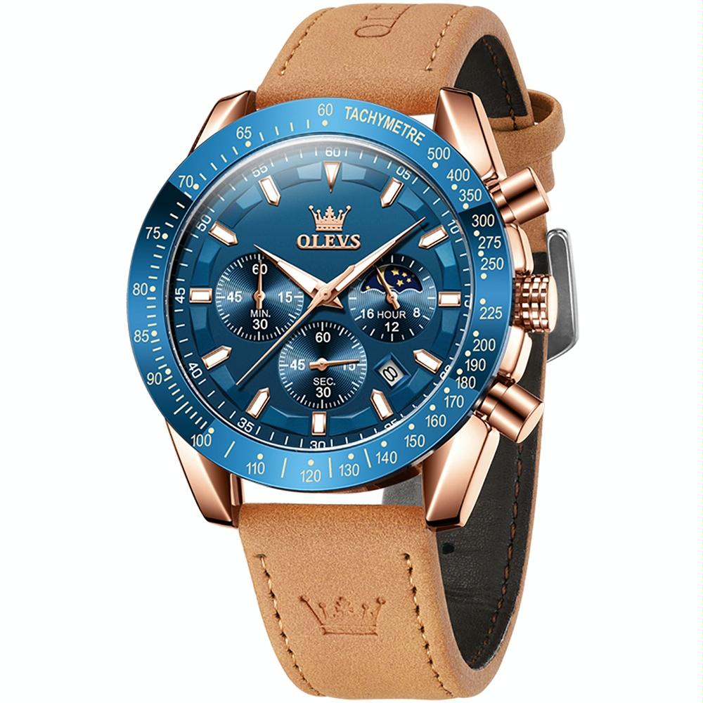 OLEVS 9957 Men Luminous Waterproof Leather Strap Quartz Watch(Blue + Rose Gold)