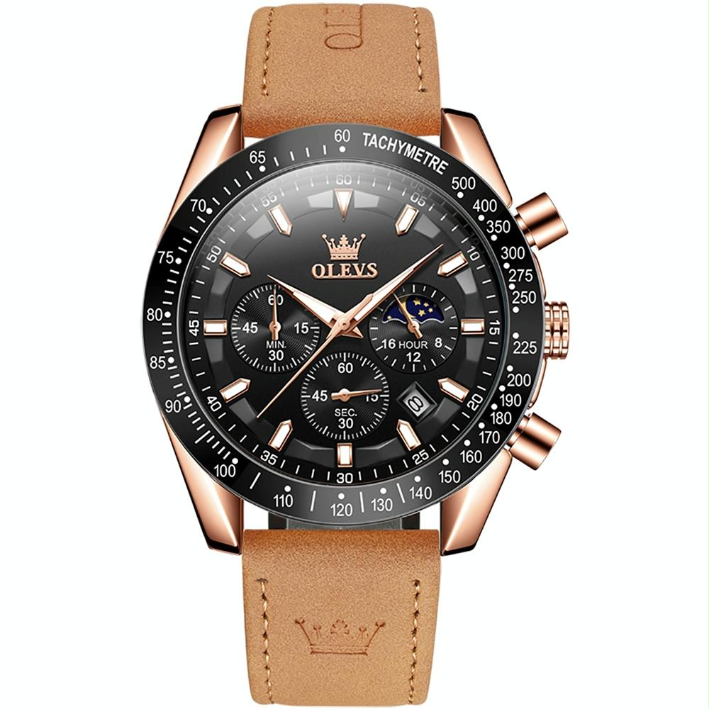 OLEVS 9957 Men Luminous Waterproof Leather Strap Quartz Watch(Black + Rose Gold)