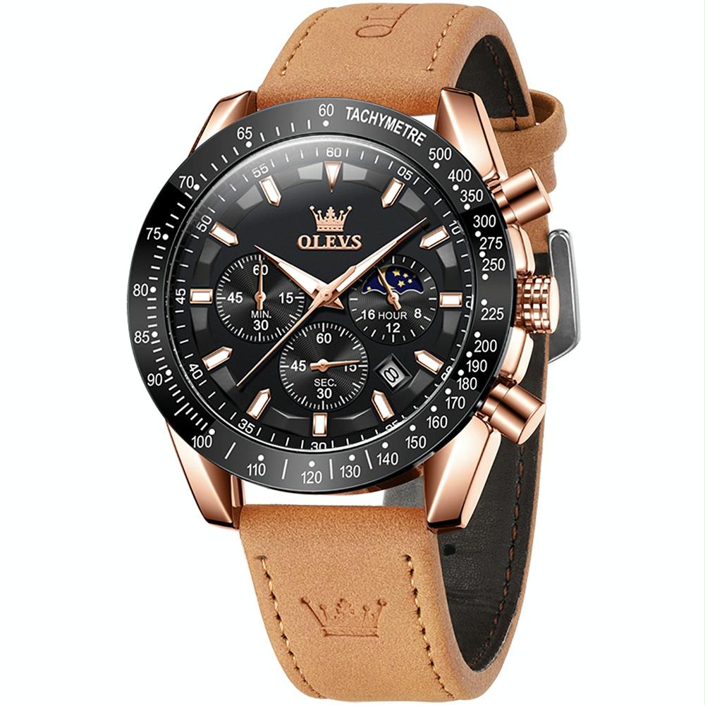 OLEVS 9957 Men Luminous Waterproof Leather Strap Quartz Watch(Black + Rose Gold)