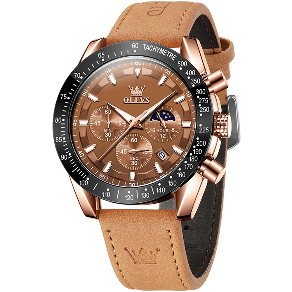 OLEVS 9957 Men Luminous Waterproof Leather Strap Quartz Watch(Coffee + Rose Gold)
