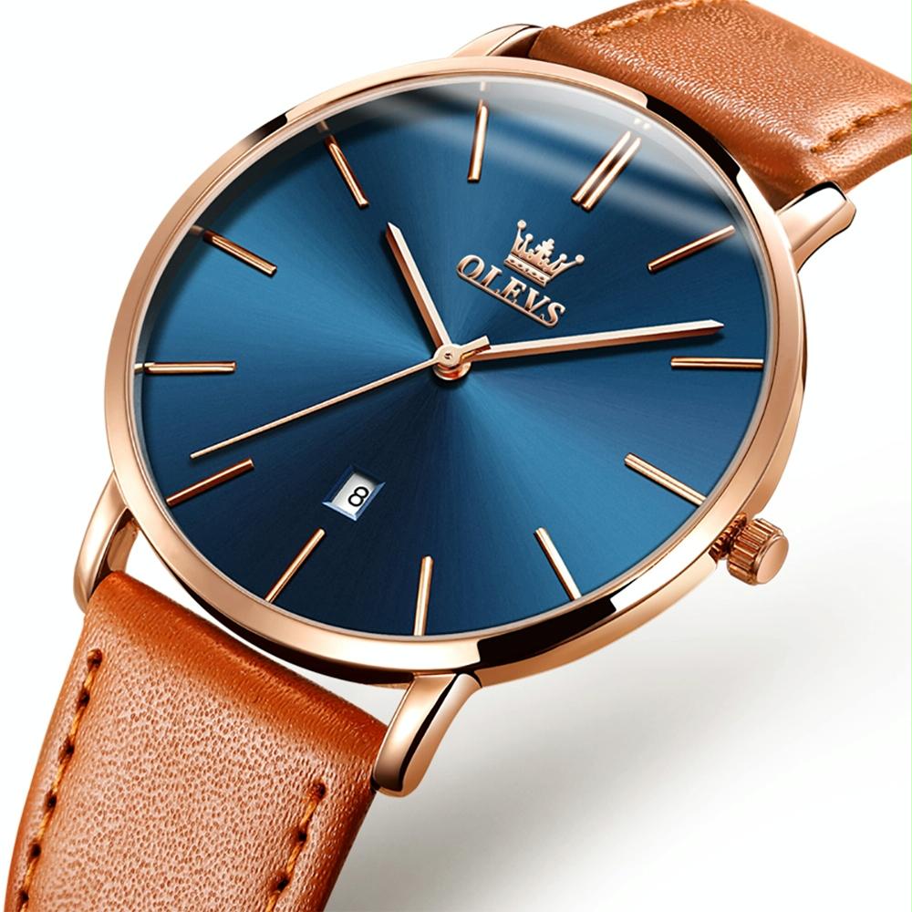 OLEVS 5869 Men Business Waterproof Genuine Leather Strap Quartz Watch(Blue + Brown)