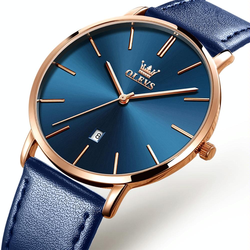 OLEVS 5869 Men Business Waterproof Genuine Leather Strap Quartz Watch(Blue + Blue)