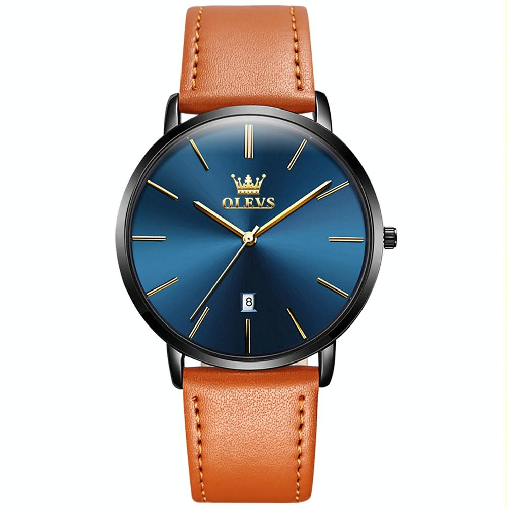OLEVS 5869 Men Business Waterproof Genuine Leather Strap Quartz Watch(Blue Black Brown)
