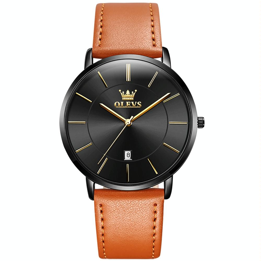 OLEVS 5869 Men Business Waterproof Genuine Leather Strap Quartz Watch(Black + Brown)