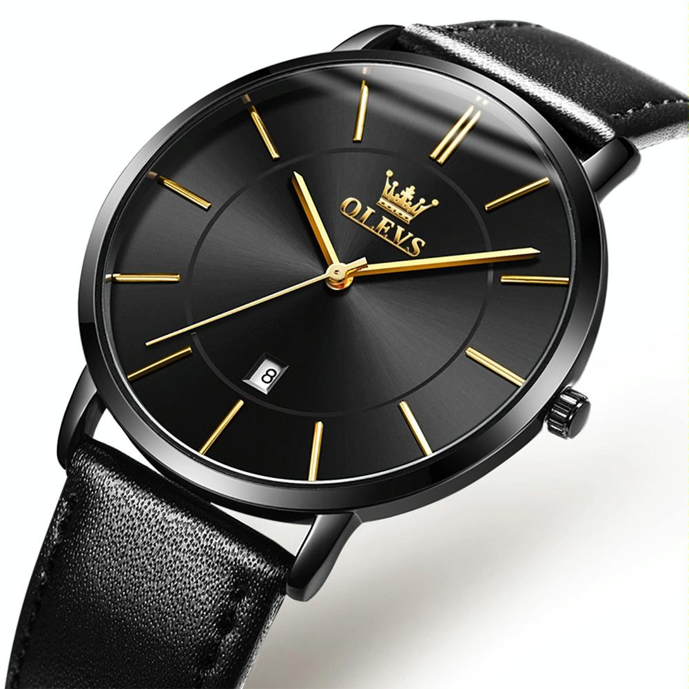 OLEVS 5869 Men Business Waterproof Genuine Leather Strap Quartz Watch(Black)