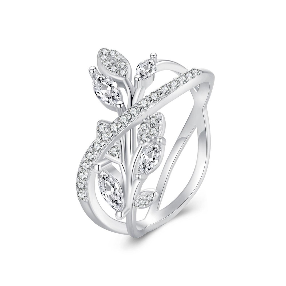 BSR453-8 S925 Sterling Silver White Gold Plated Zircon Luxury Leaf Ring