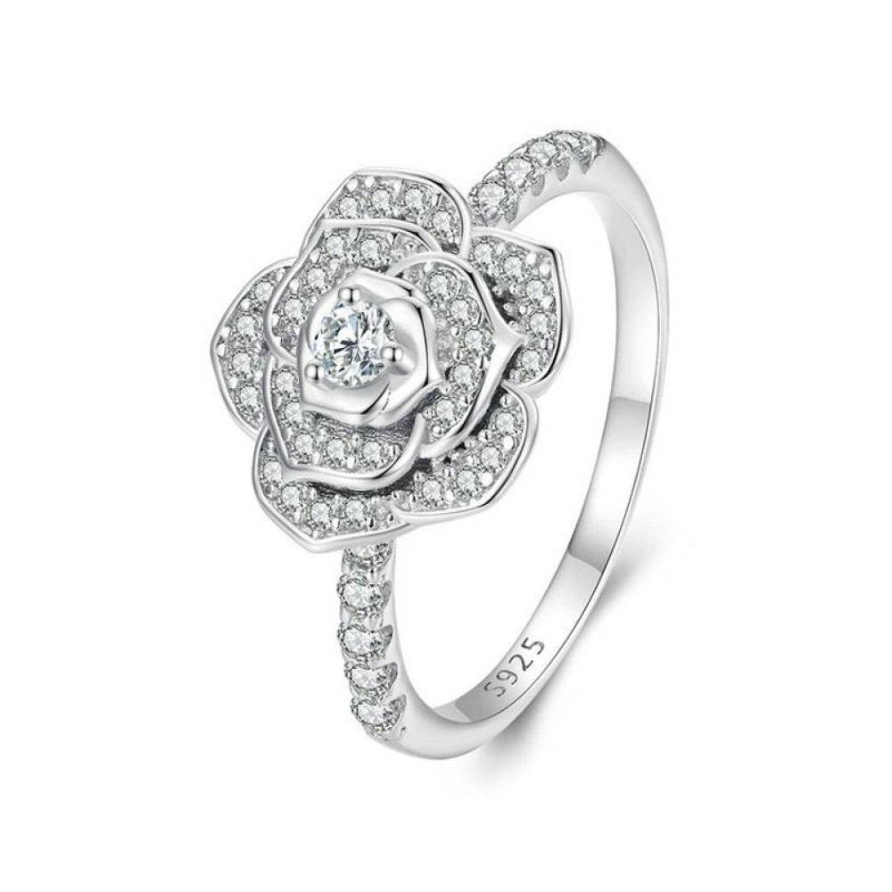 BSR449-7 S925 Sterling Silver White Gold Plated Zircon Rose Ring Hand Decoration