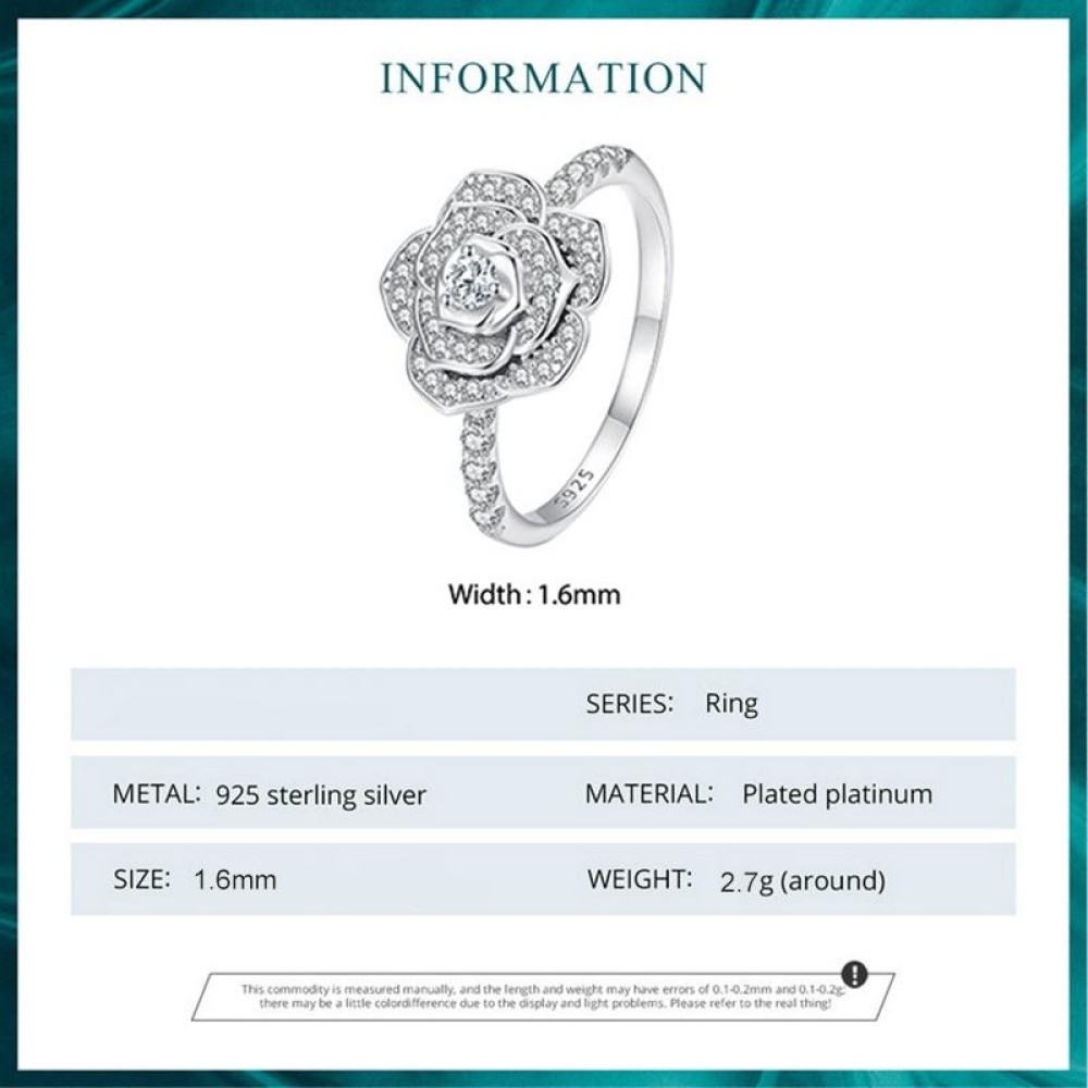 BSR449-7 S925 Sterling Silver White Gold Plated Zircon Rose Ring Hand Decoration