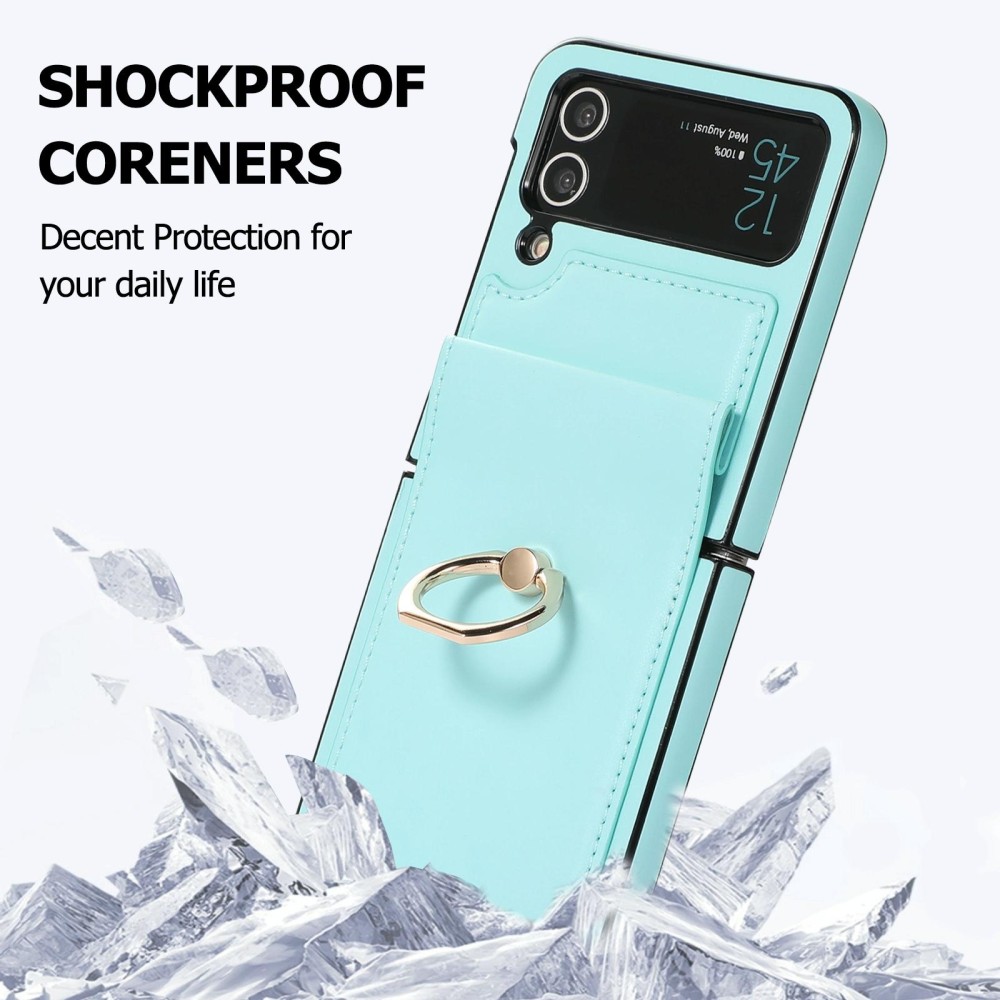For Samsung Galaxy Z Flip3 Full Coverage Fold Solid Color PU Phone Case with Ring(Blue)