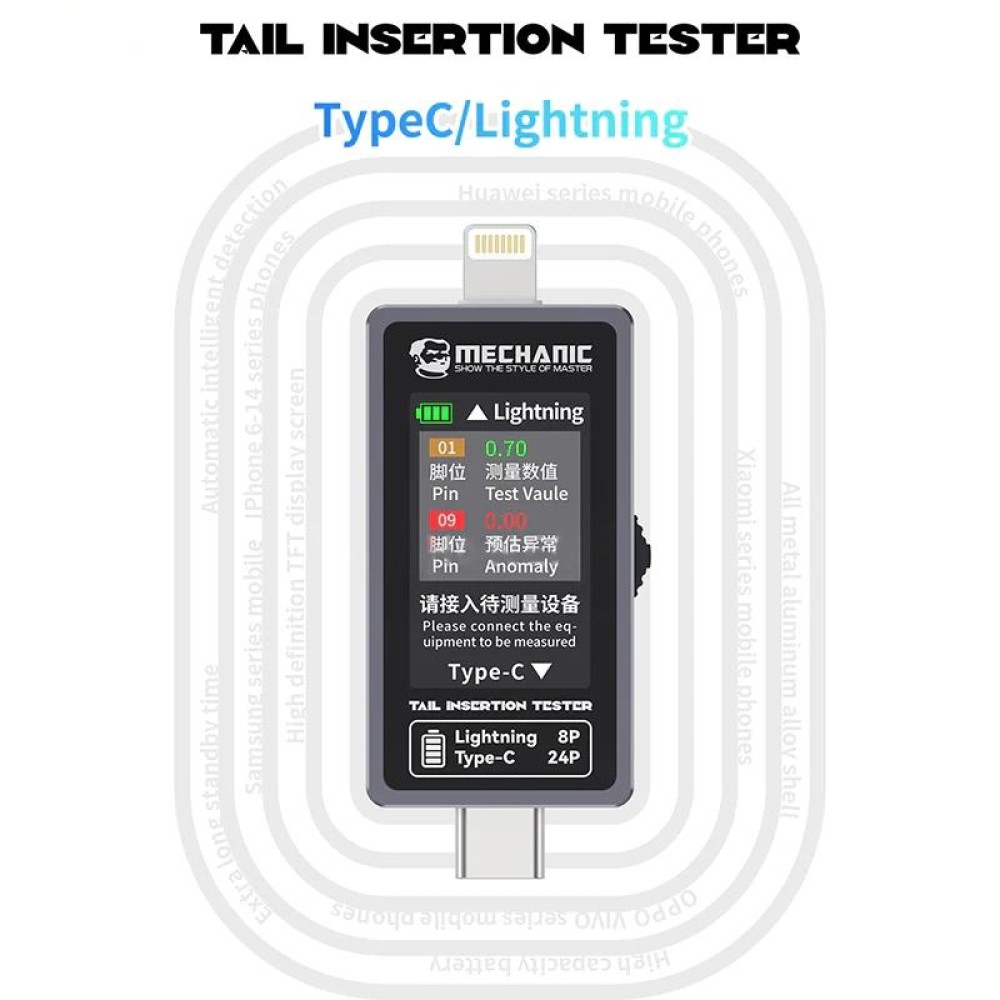 Mechanic T-824 Type-C to Lightning High Precision Digital Display Tail Insertion Tester