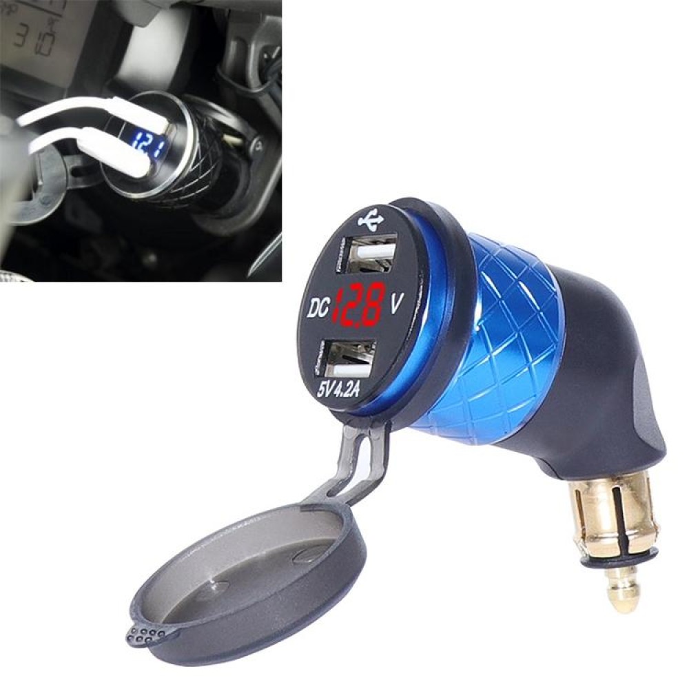 German EU Plug Special Motorcycle Elbow Charger Dual USB Voltmeter 4.2A Charger, Shell Color:Blue(Red Light)