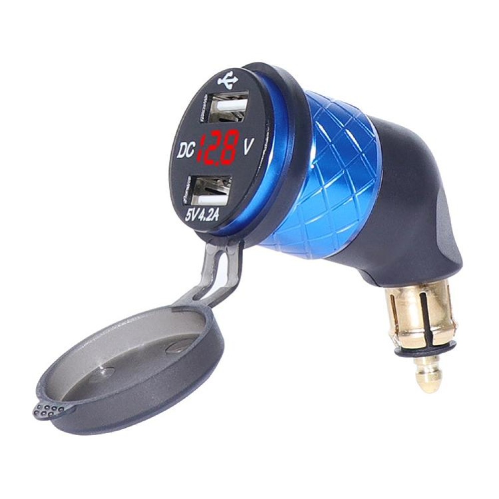 German EU Plug Special Motorcycle Elbow Charger Dual USB Voltmeter 4.2A Charger, Shell Color:Blue(Red Light)