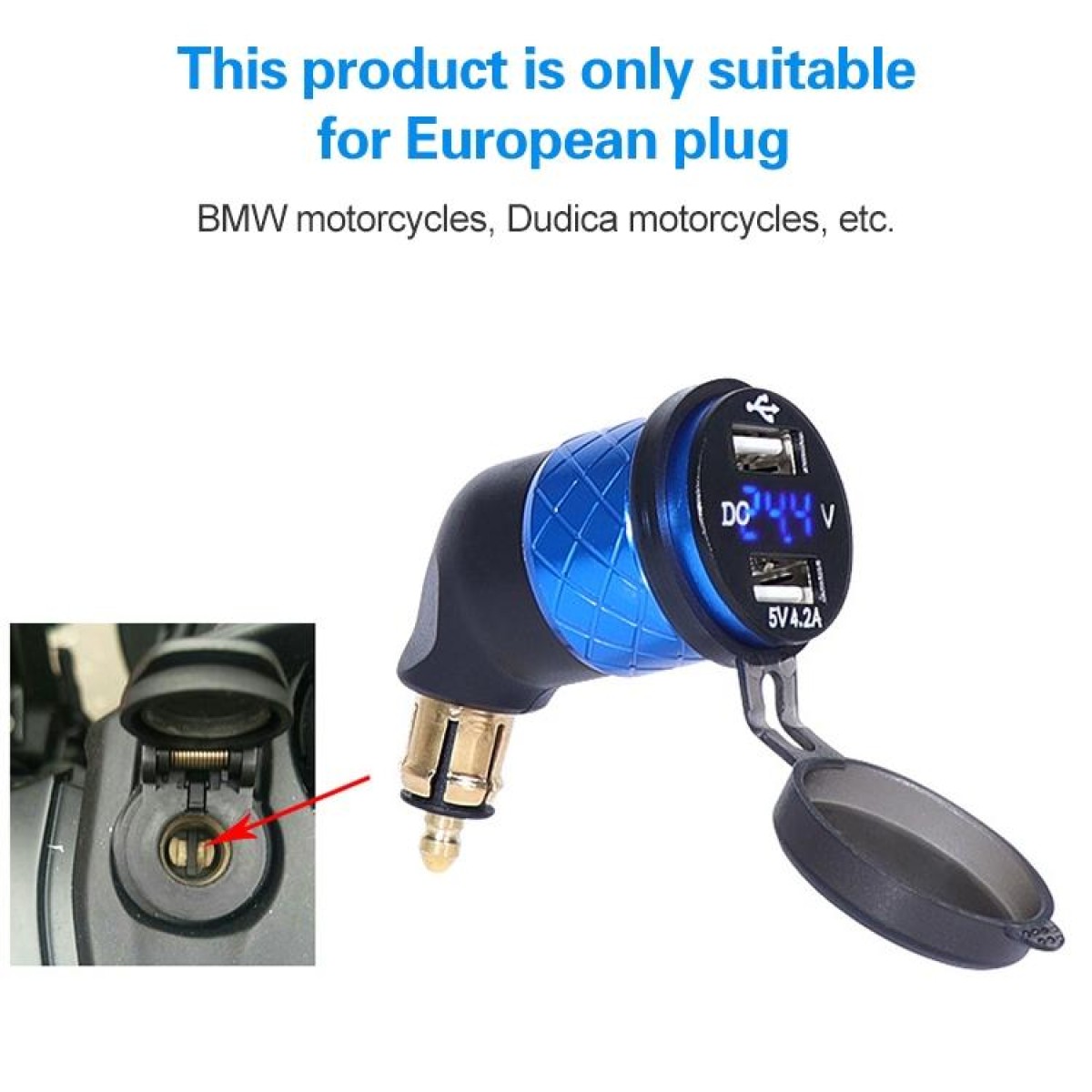 German EU Plug Special Motorcycle Elbow Charger Dual USB Voltmeter 4.2A Charger, Shell Color:Blue(Green Light)