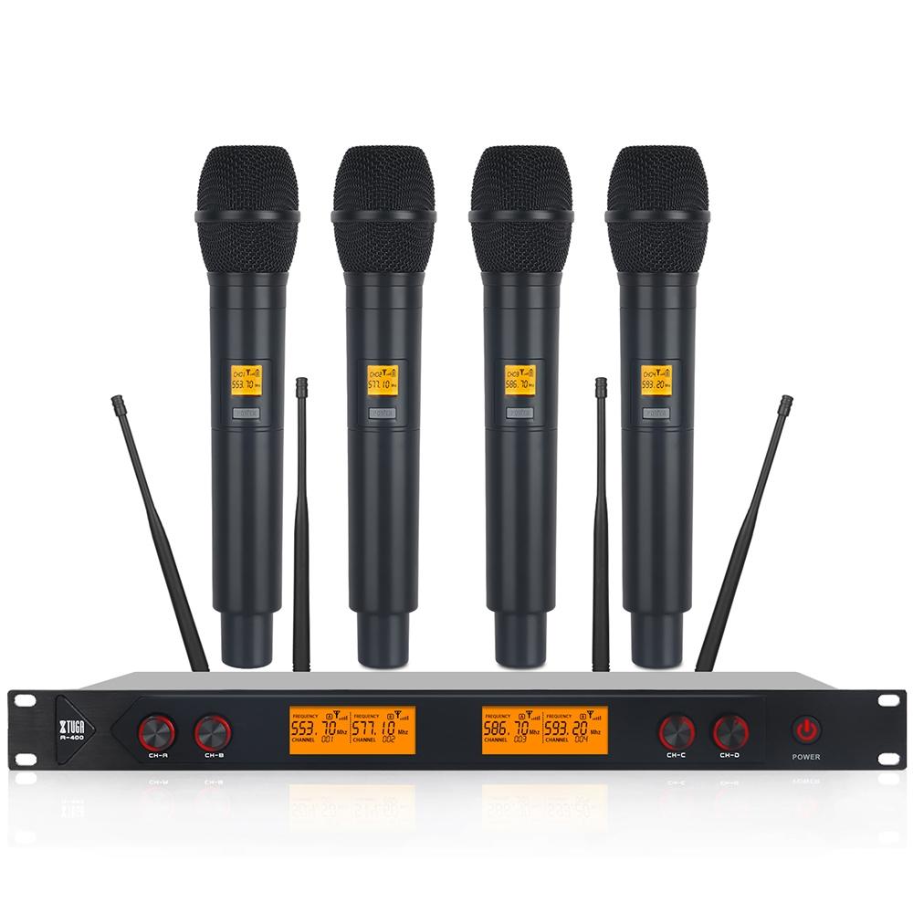 XTUGA A400-H Professional 4-Channel UHF Wireless Microphone System with 4 Handheld Microphone(US Plug)