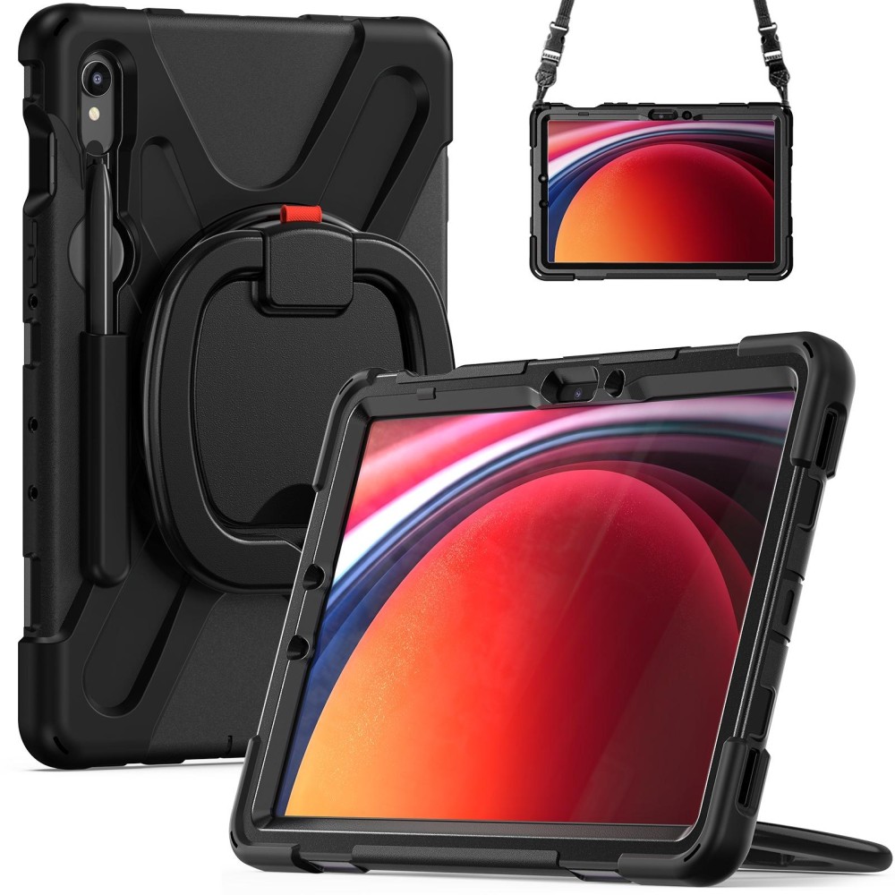 For Samsung Galaxy Tab S9 / S8 / S7 Silicone Hybrid PC Tablet Case with Holder & Shoulder Strap(Black)
