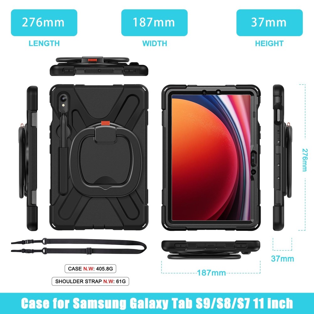 For Samsung Galaxy Tab S9 / S8 / S7 Silicone Hybrid PC Tablet Case with Holder & Shoulder Strap(Black)