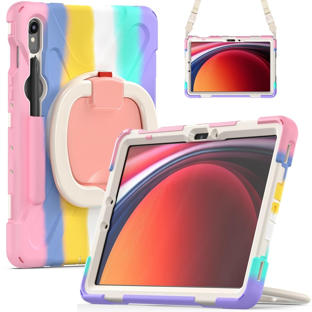 For Samsung Galaxy Tab S9 / S8 / S7 Silicone Hybrid PC Tablet Case with Holder & Shoulder Strap(Colorful Pink)