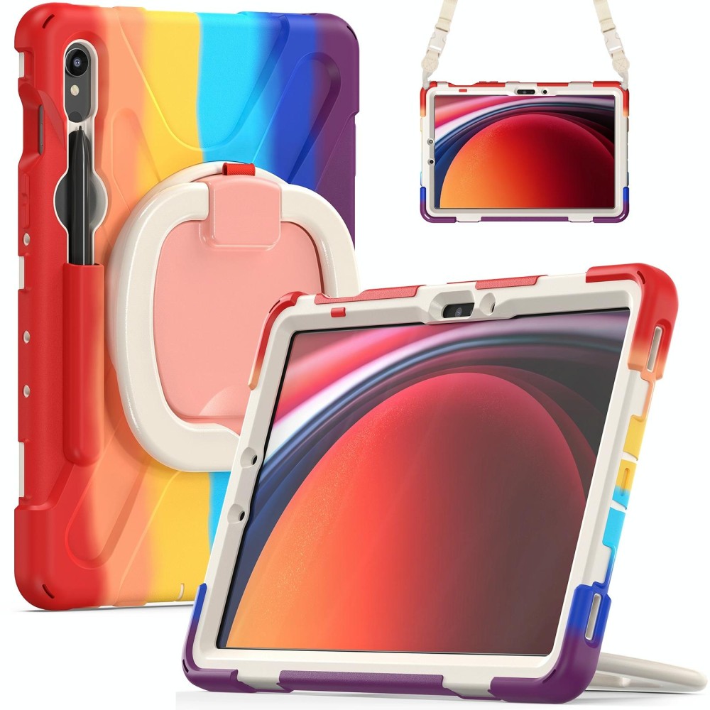 For Samsung Galaxy Tab S9 / S8 / S7 Silicone Hybrid PC Tablet Case with Holder & Shoulder Strap(Colorful Red)