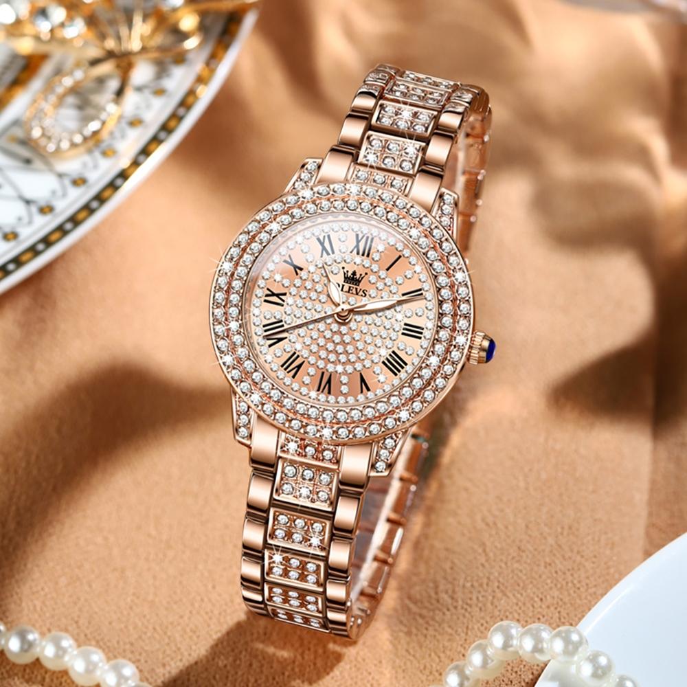 OLEVS 9943 Women Diamond Waterproof Quartz Watch(Rose Gold Diamond Face)