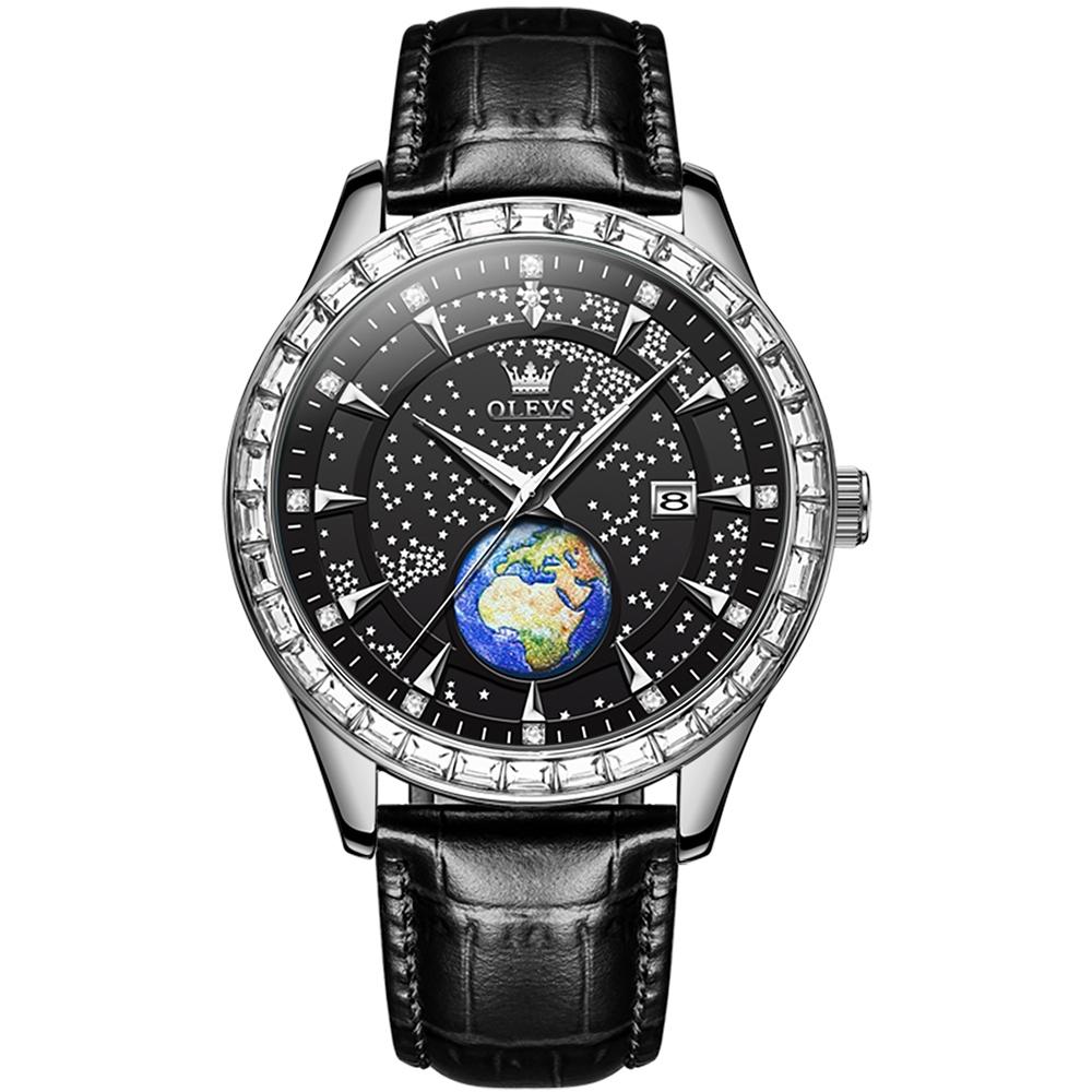 OLEVS 9967 Men Starry Sky Face Diamond Bezel Quartz Watch(Black Leather Strap)