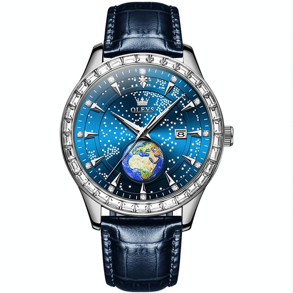 OLEVS 9967 Men Starry Sky Face Diamond Bezel Quartz Watch(Blue Leather Strap)