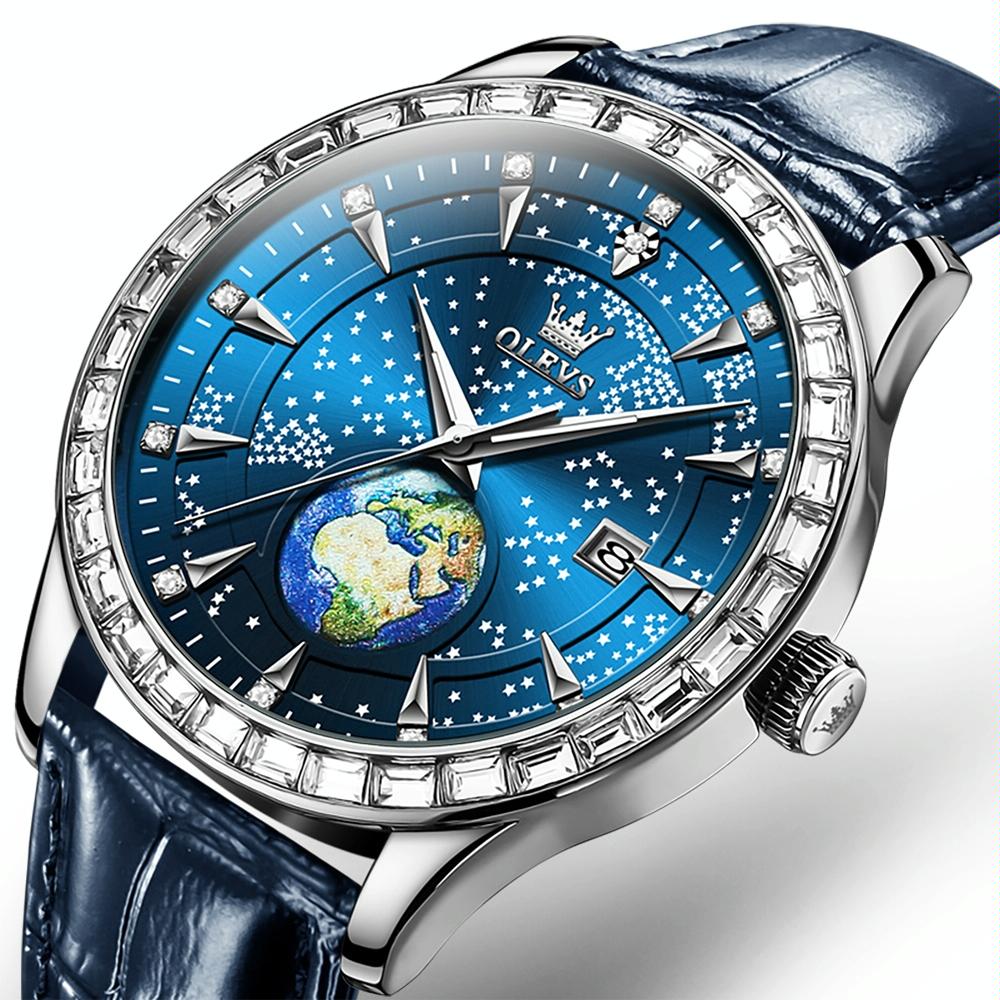 OLEVS 9967 Men Starry Sky Face Diamond Bezel Quartz Watch(Blue Leather Strap)