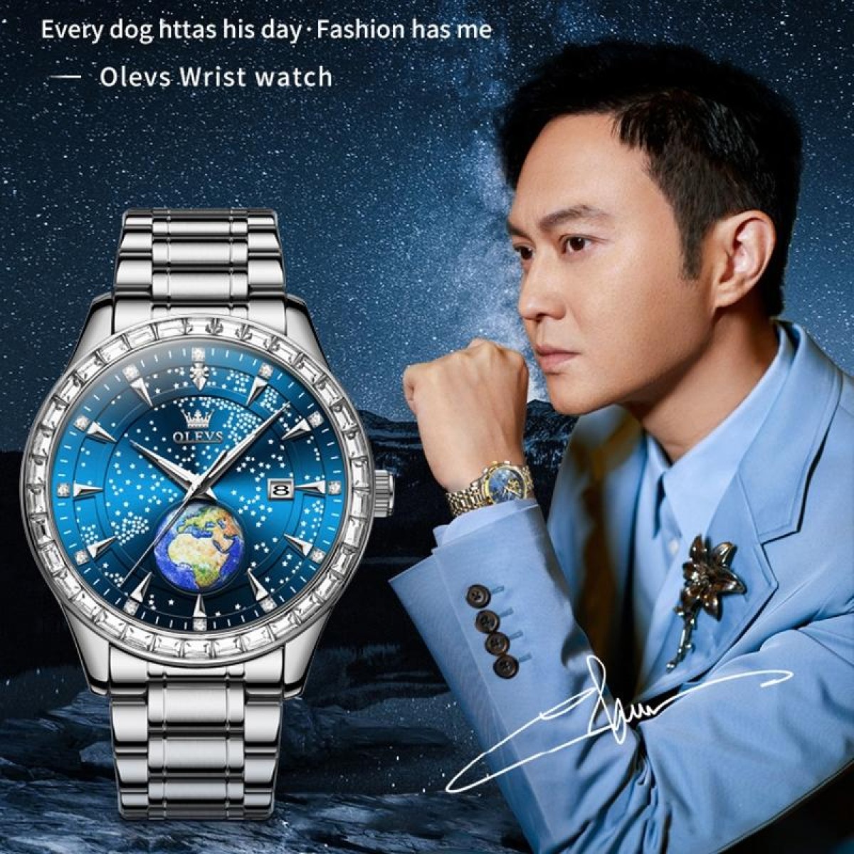 OLEVS 9967 Men Starry Sky Face Diamond Bezel Quartz Watch(Blue Steel Strap)
