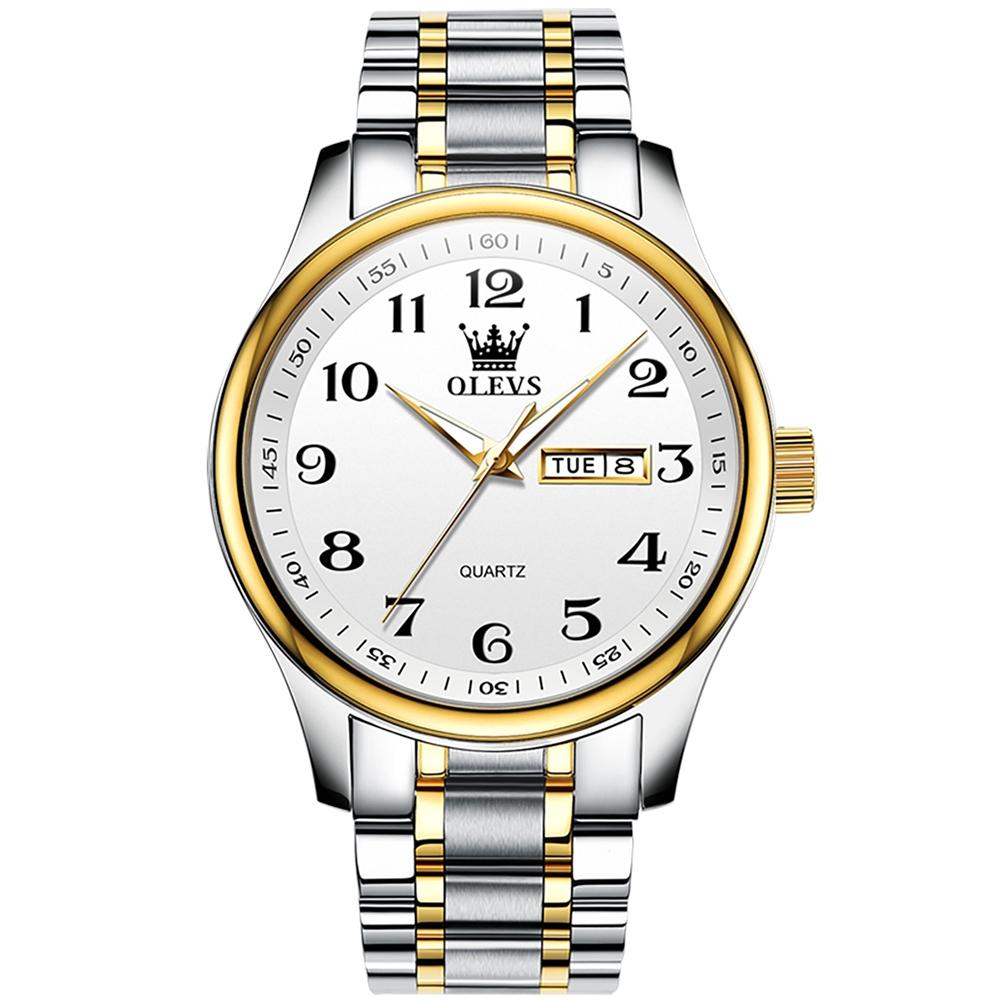 OLEVS 5567 Men Steel Strap Waterproof Quartz Watch(White + Gold)