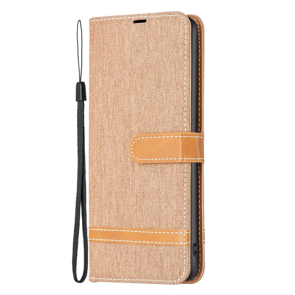 For Motorola Moto G14 4G Color Block Denim Texture Leather Phone Case(Brown)