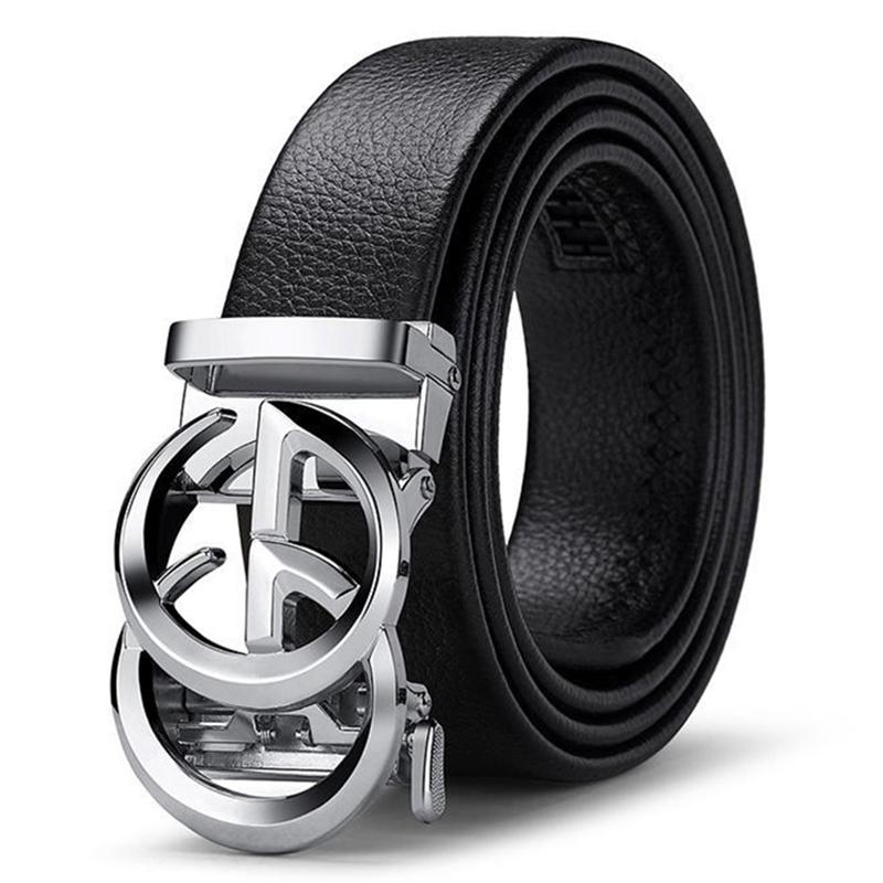 Men Versatile Belt Automatic Buckle Fashion Leather Belt for Business Students 120cm x 1(TF-10 Black+Silver Buckle)