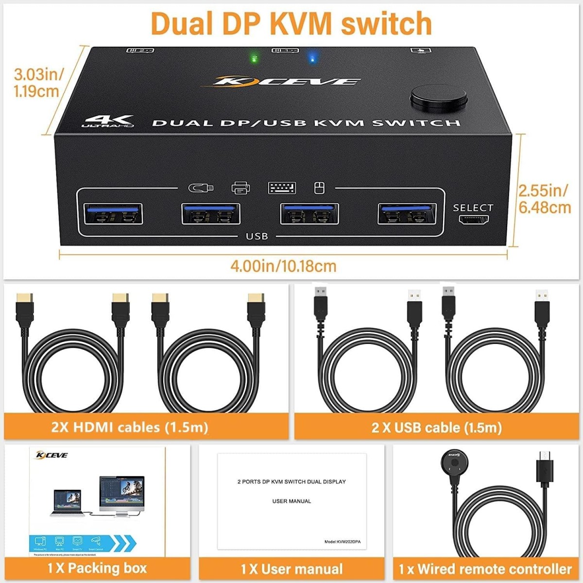 KC-KVM202DP 4K 60Hz USB3.0 DP Dual Monitors KVM Switch
