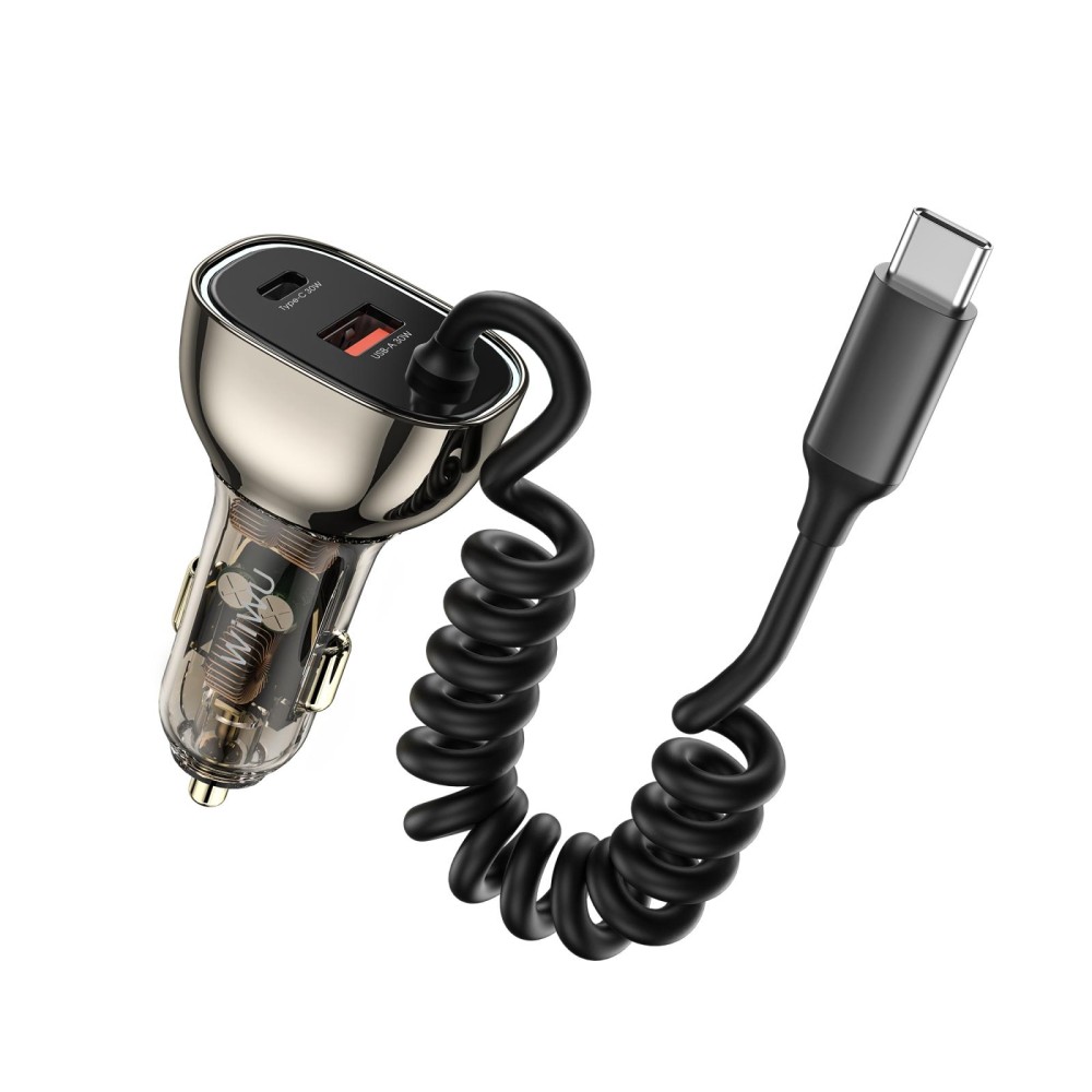 WIWU Wi-QC016 90W PD+QC Fast Charging Zinc Alloy Car Charger with Type-C Spring Cable(Translucent Black)