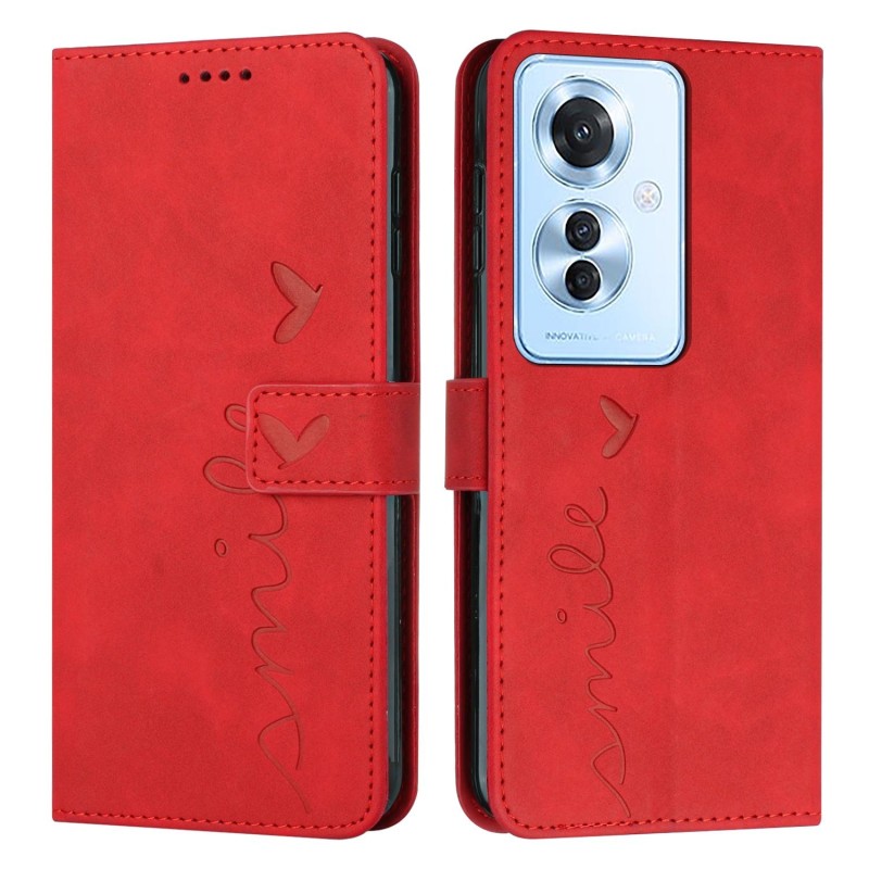 For OPPO Reno11 F Skin Feel Heart Embossed Leather Phone Case with Long Lanyard(Red)
