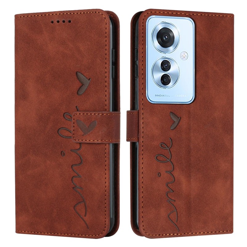 For OPPO Reno11 F Skin Feel Heart Embossed Leather Phone Case with Long Lanyard(Brown)