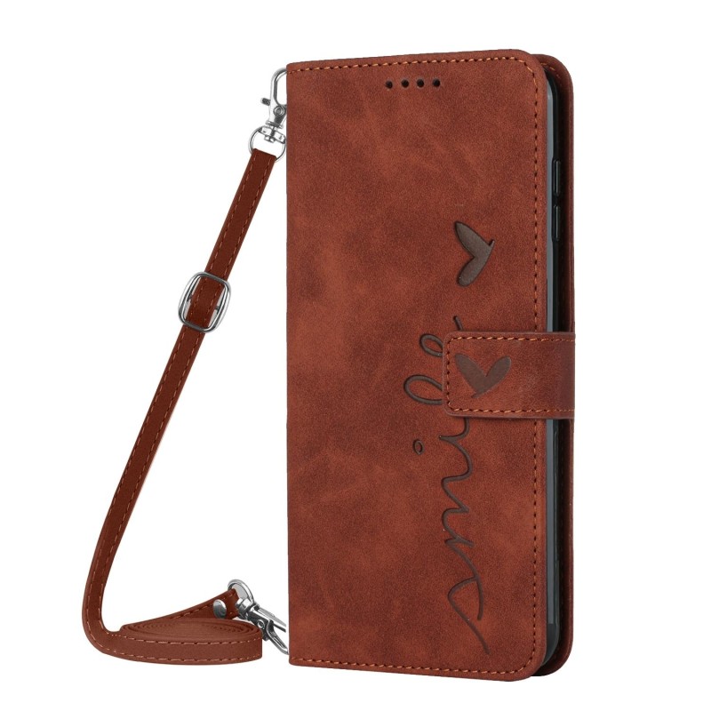 For OPPO Reno11 F Skin Feel Heart Embossed Leather Phone Case with Long Lanyard(Brown)